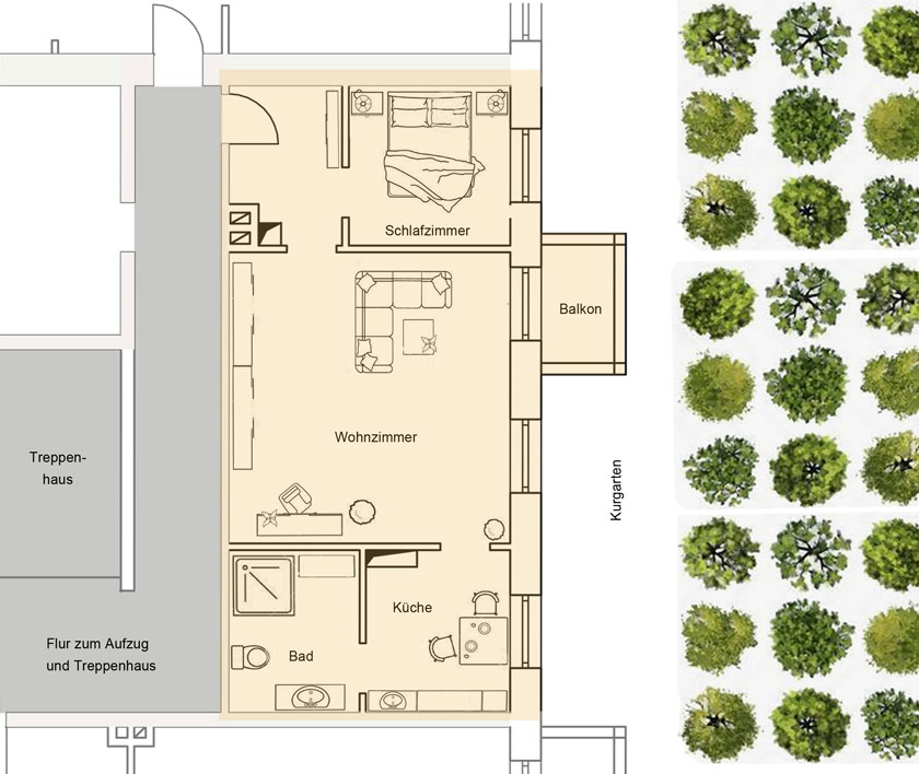 Planskizze der Ferienwohnung 5 - Eingangsbereich mit kleiner Diele, Schlafzimmer nach Süden zum Kurgarten, Wohnzimmer mit Schlafcouch und Balkon, Küche mit Essecke, Badezimmer mit Dusche und WC